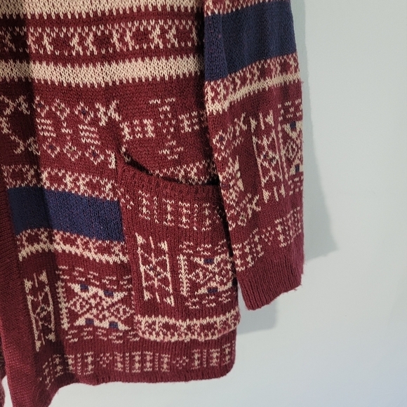 Billabong Women Red Aztec Open Cardigan Sz L Academia Fall Pocket Cabincore Cozy - Picture 6 of 12